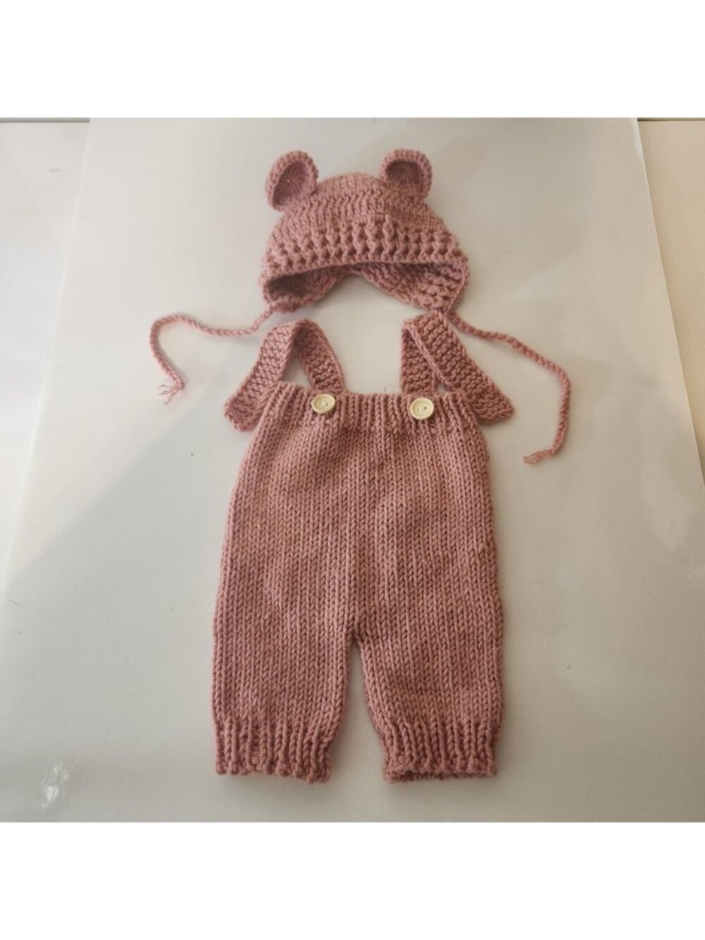 Handmade Knit Baby Newborn Photo Prop Set Bear Ear Bonnet Overalls Dusty Rose